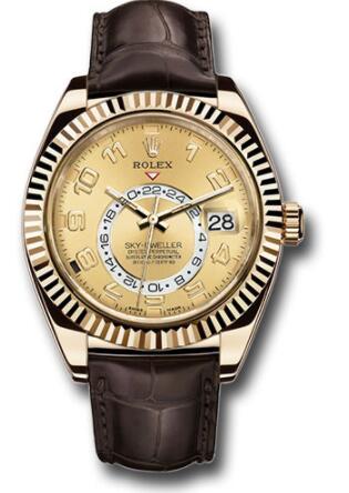 Replica Rolex Yellow Gold Sky-Dweller Watch 326138 Champagne Arabic Dial - Brown Leather Strap - Click Image to Close